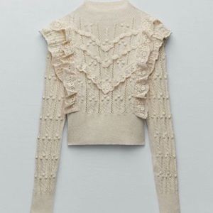 Zara Pointelle Ruffled Cream Knit Mock Neck Sweater